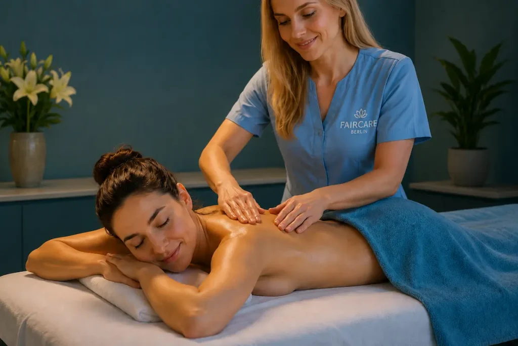 A relaxing full-body wellness massage for women in a calm Faircare Berlin spa atmosphere.