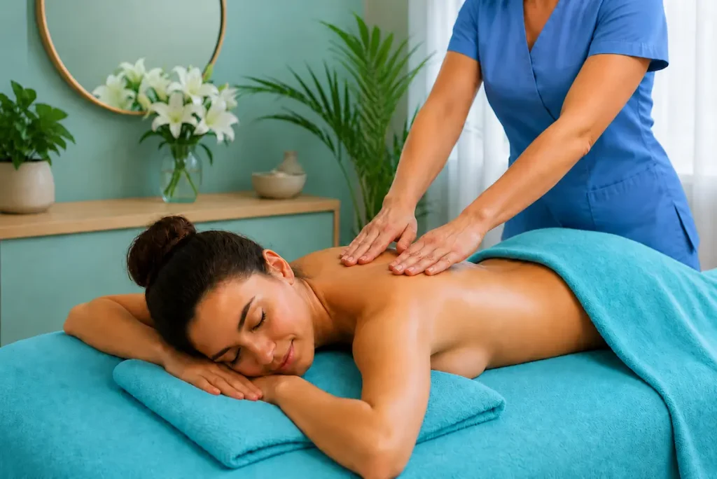 Woman receiving a relaxing back massage in a calm Berlin spa room