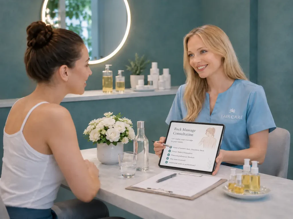 A calm consultation before a back massage for women in a relaxing Berlin spa atmosphere.