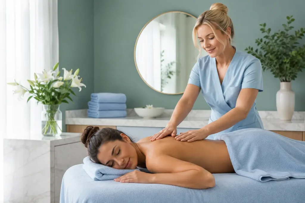 Woman receiving a relaxing full-body massage in a calm Berlin spa room