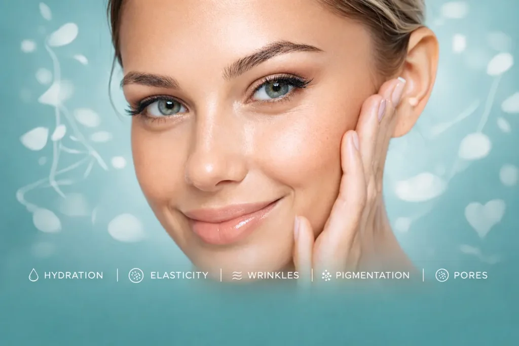 Close-up of woman with glowing skin illustrating facial skin analysis categories including hydration, elasticity, wrinkles, pigmentation and pores.