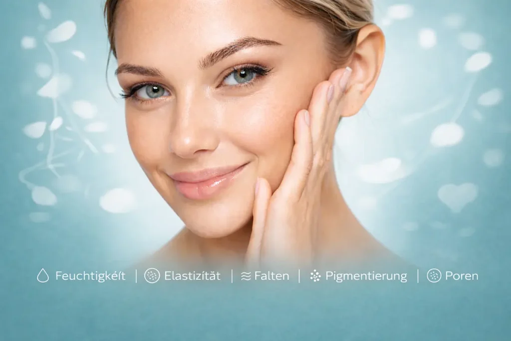 Frau mit strahlender, gesunder Haut berührt sanft ihr Gesicht vor einem weichen türkisfarbenen Hintergrund.