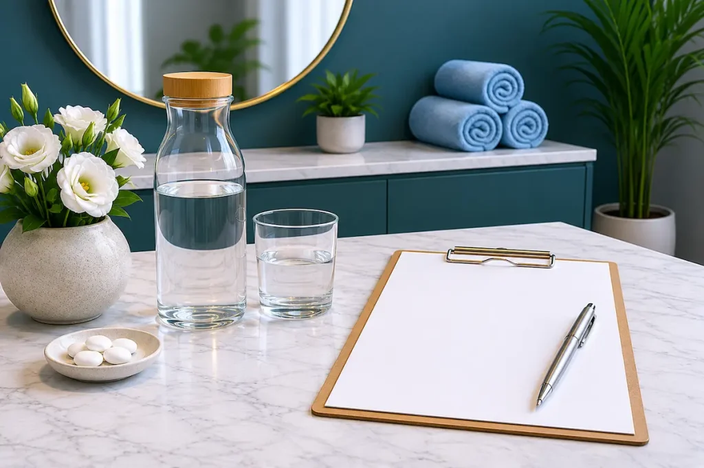 A calm spa setting with water, towels and aftercare notes for a relaxing massage in Berlin.