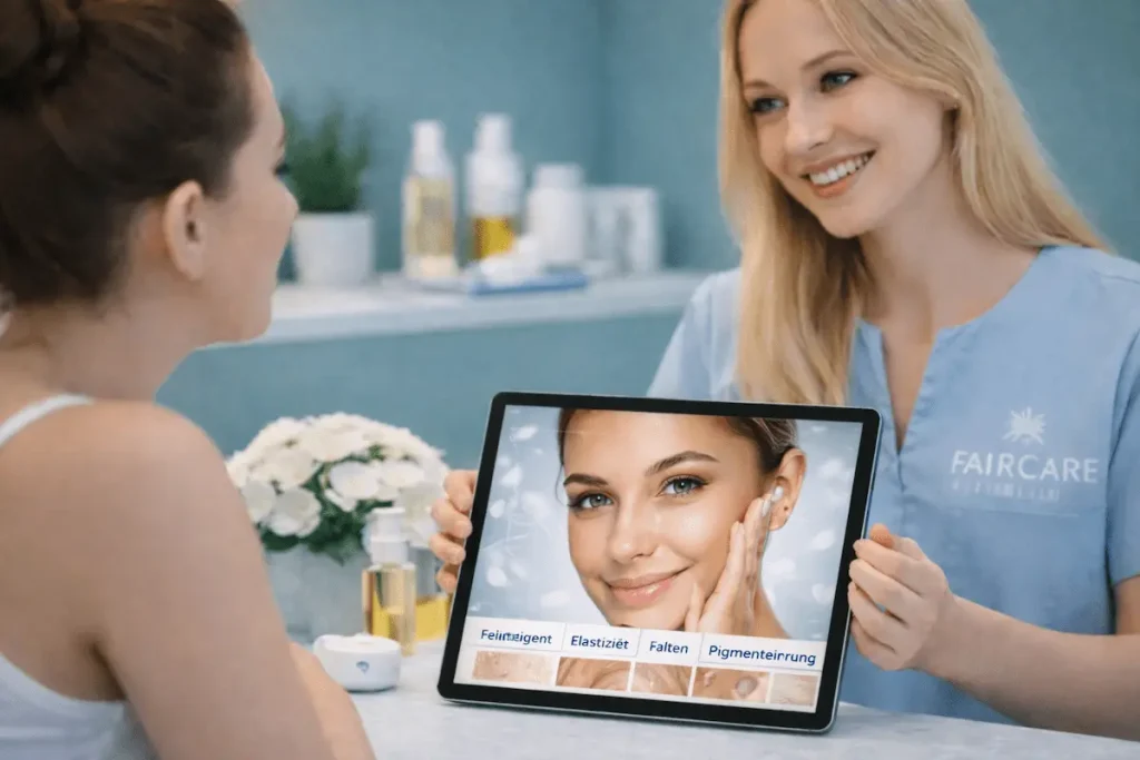 Kosmetikerin zeigt einer Kundin bei einer Hautberatung eine Gesichts-Hautanalyse auf einem Tablet in einem Berliner Spa.