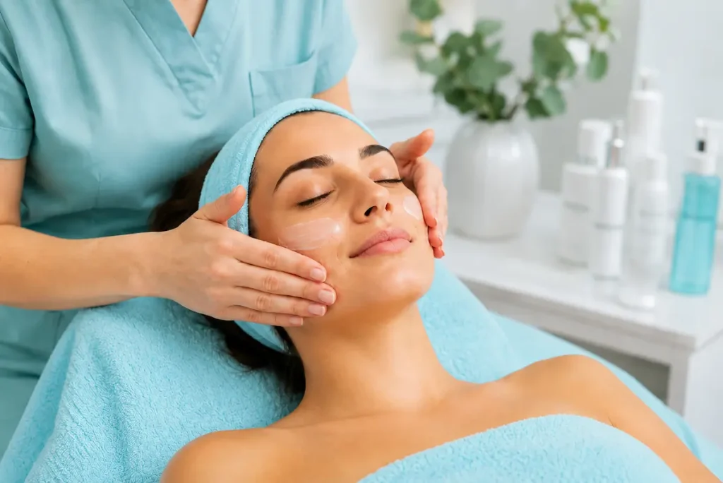 CO2 moisture facial treatment in Berlin with hydrating facial mask and blue towels