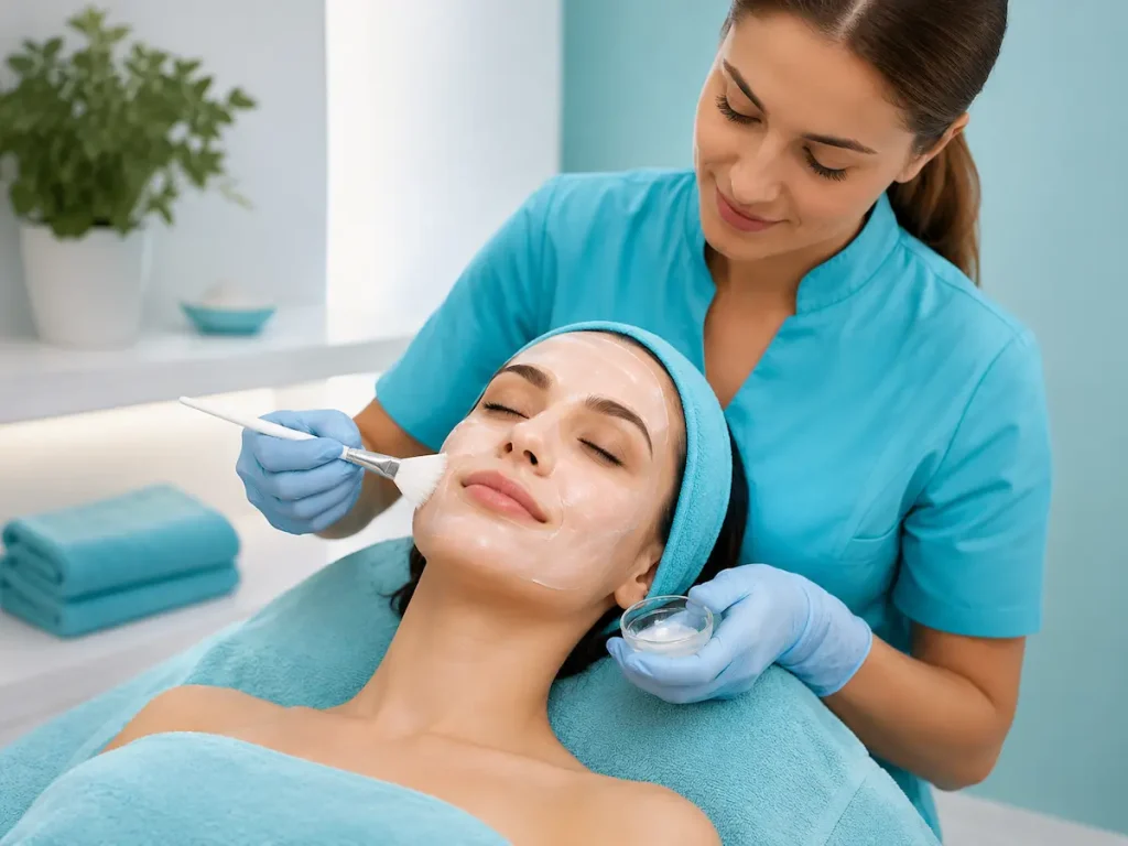 Gentle enzyme peeling facial treatment in Berlin with a beautician applying a facial mask in a calm spa room