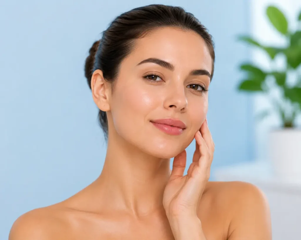 Woman with smooth glowing skin touching her face after mesotherapy facial treatment in Berlin