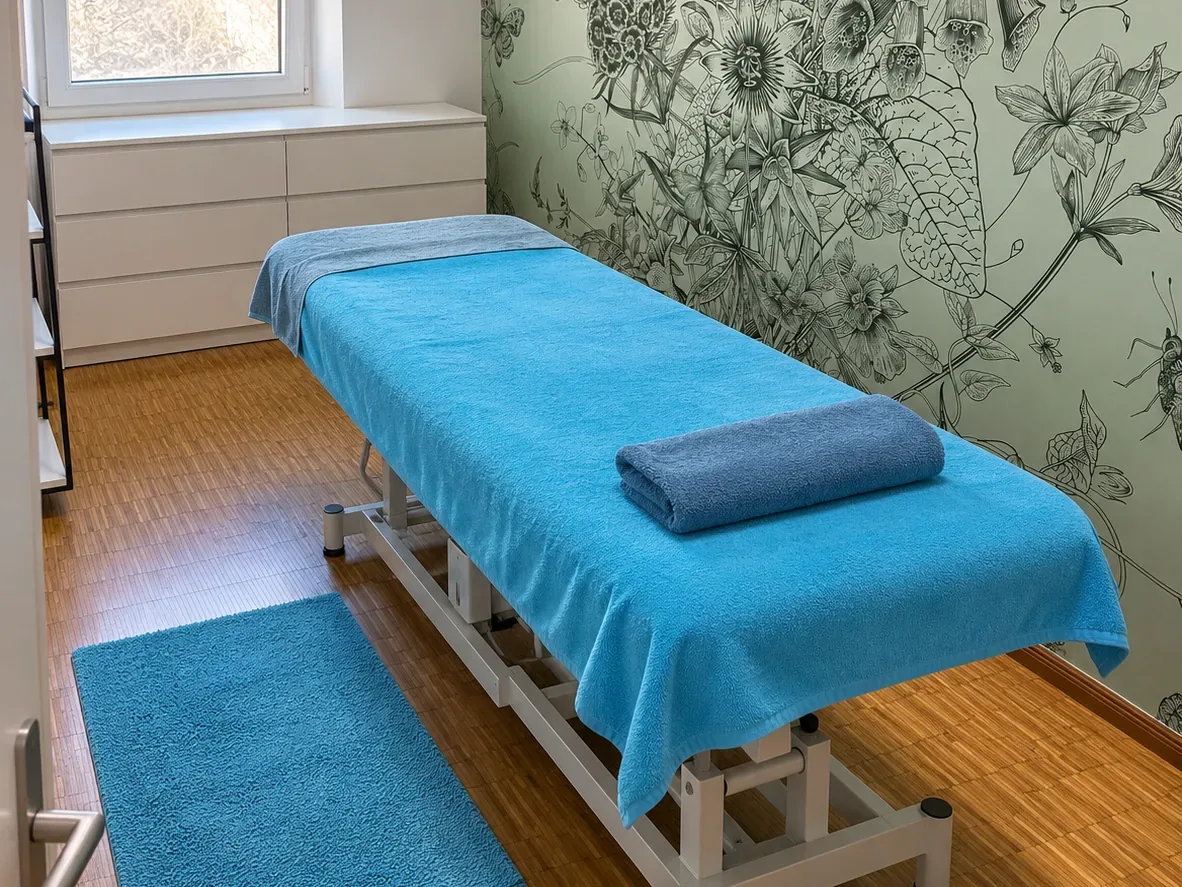 A prepared treatment bed with a turquoise towel in front of the botanical wallpaper, with white drawers and daylight.