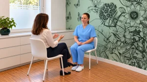 Inna and a client sit facing each other by the window and talk before the treatment.