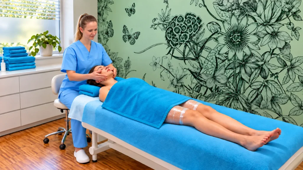 Inna massages the face of a client lying under a turquoise towel while her thighs are wrapped in clear body-wrap film.