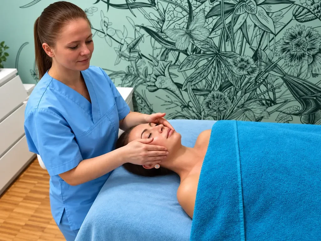 Inna massages the face of a relaxed client lying under a turquoise towel.