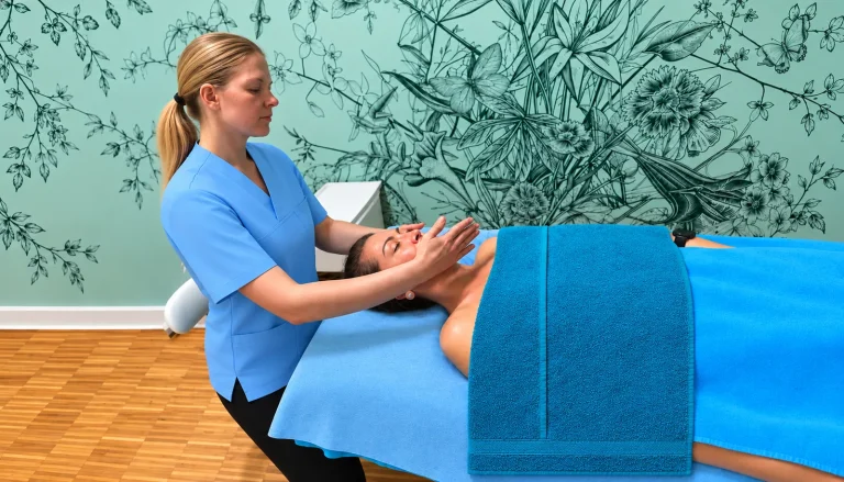 Inna massages the face of a client lying on the treatment bed under a turquoise towel.