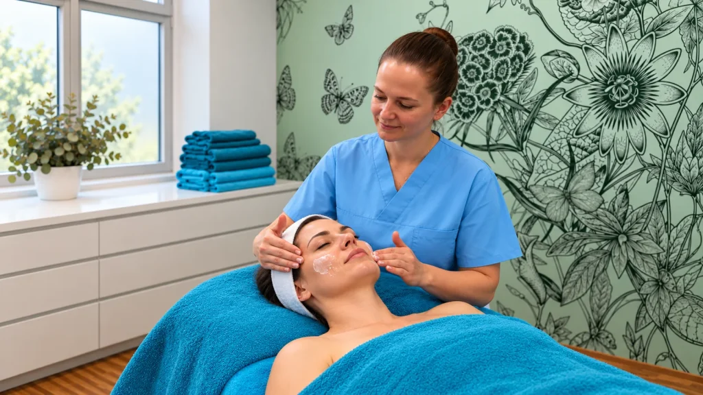 Inna verteilt eine pflegende Creme auf den Wangen einer liegenden Kundin mit weißem Haarband.