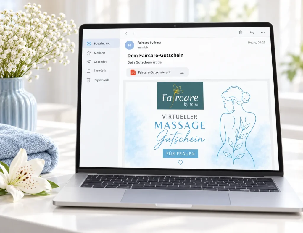 A laptop shows an email with the Faircare voucher as a PDF attachment and a preview of the virtual massage voucher.