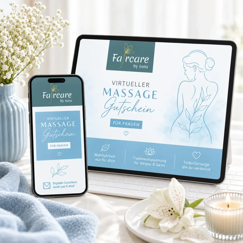 Digitaler Faircare-Massagegutschein für Frauen auf Smartphone und Tablet, daneben weiße Blumen, eine Kerze und ein hellblaues Handtuch.