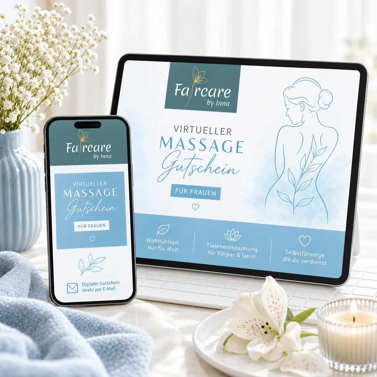 Digitaler Faircare-Massagegutschein für Frauen auf Smartphone und Tablet, daneben weiße Blumen, eine Kerze und ein hellblaues Handtuch.