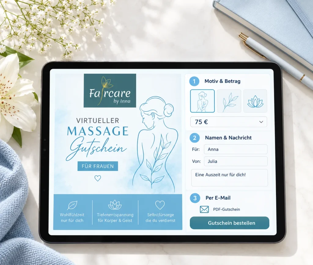 A tablet shows the Faircare voucher and the order form in three steps: design and amount, names and message, sending by email.