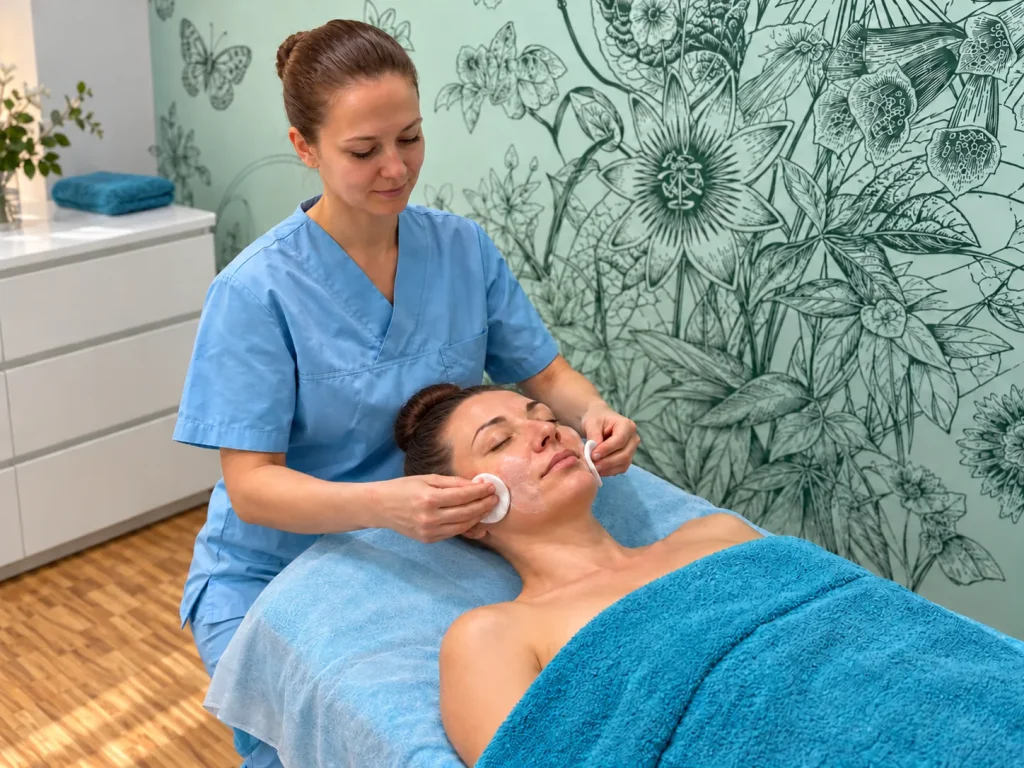 Inna removes the peeling from the cheeks of a lying client with soft pads.