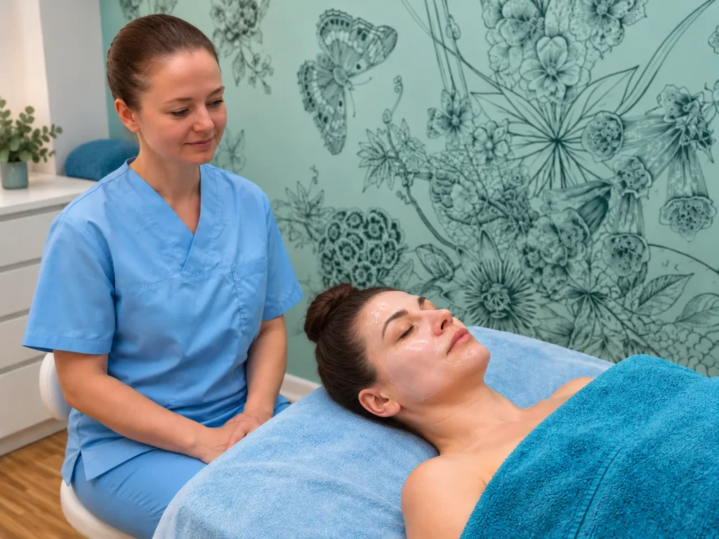 A client rests on the treatment bed with a thin layer of peeling on her face while Inna sits beside her.