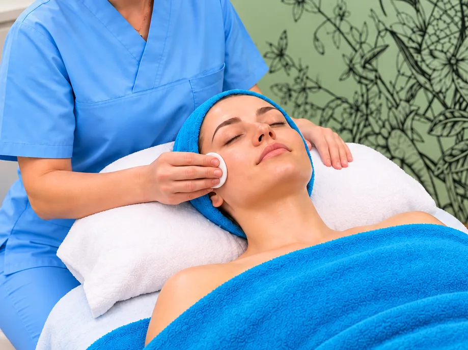 A beautician's hands cleanse a relaxed client's cheek with a cotton pad.