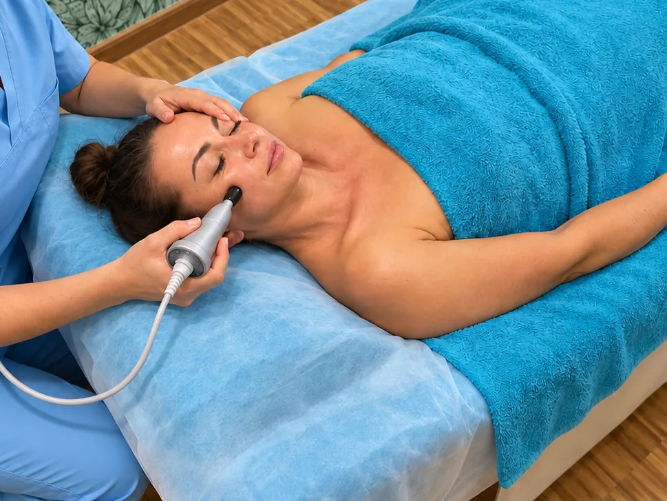 Hands hold the head of a client and guide a BMS device over her cheek.