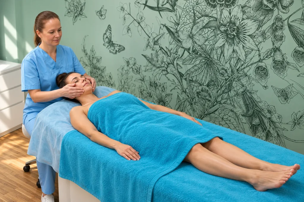 Inna gently massages the cheeks of a relaxed client lying under a turquoise towel.