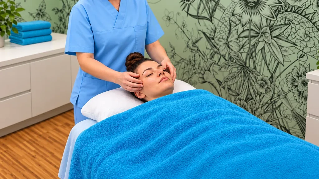 A beautician's hands gently massage the temples of a client covered to the neck with a turquoise towel.