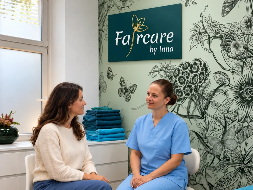 Inna spricht mit einer Kundin im Faircare-Studio in Prenzlauer Berg, hinter ihnen das Faircare-Logo an der Wand.