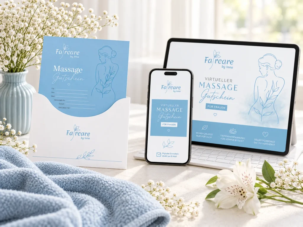 Hellblauer Faircare-Gutschein in einem weißen Umschlag neben Smartphone und Tablet, mit Blumen und einem blauen Handtuch.