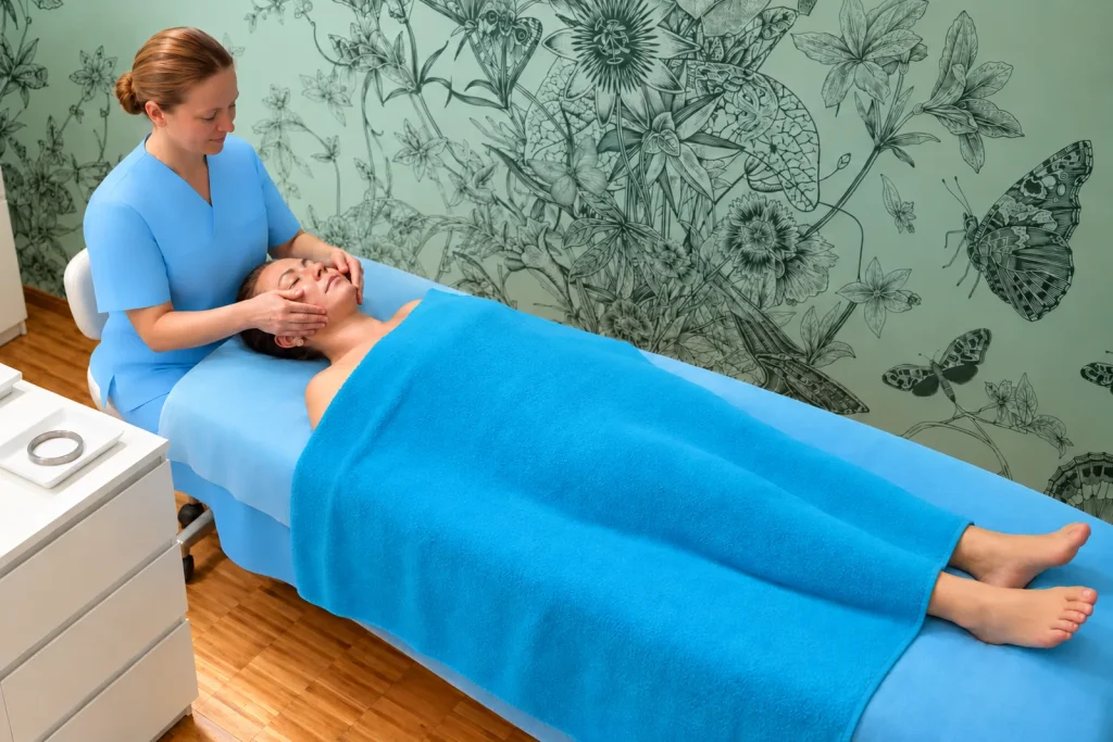 Inna massages the face of a client lying covered with a turquoise towel at Faircare in Berlin.