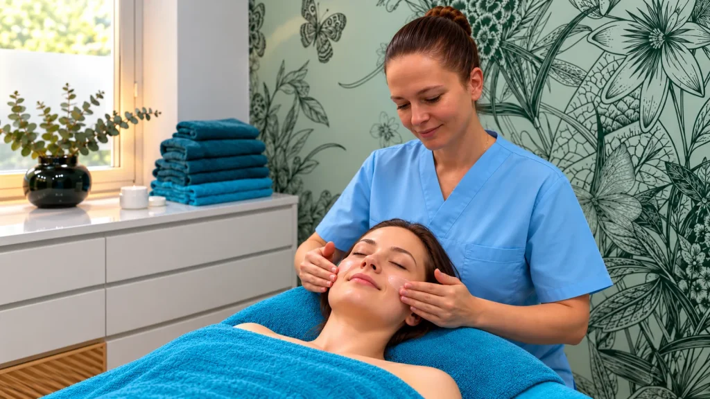 Inna applies a light cream to the cheeks of a smiling client with her fingertips.