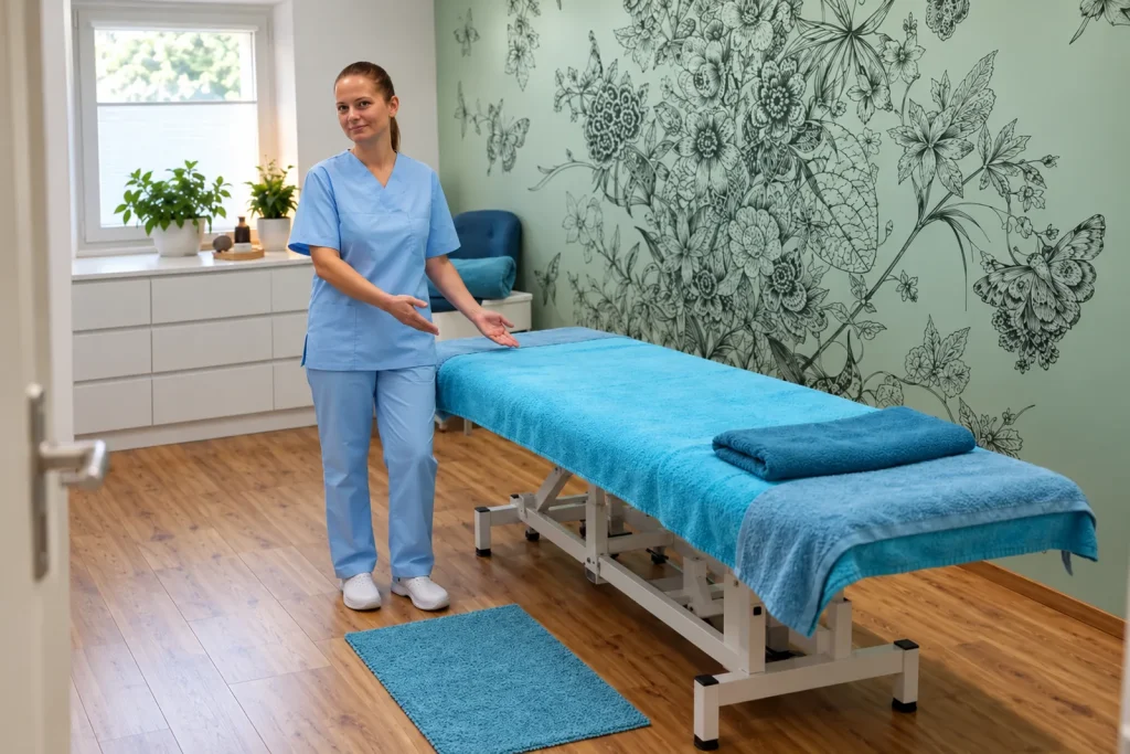 Inna in hellblauer Arbeitskleidung empfängt Sie an der vorbereiteten Behandlungsliege mit türkisfarbenen Handtüchern im Faircare-Studio in Berlin-Prenzlauer Berg.