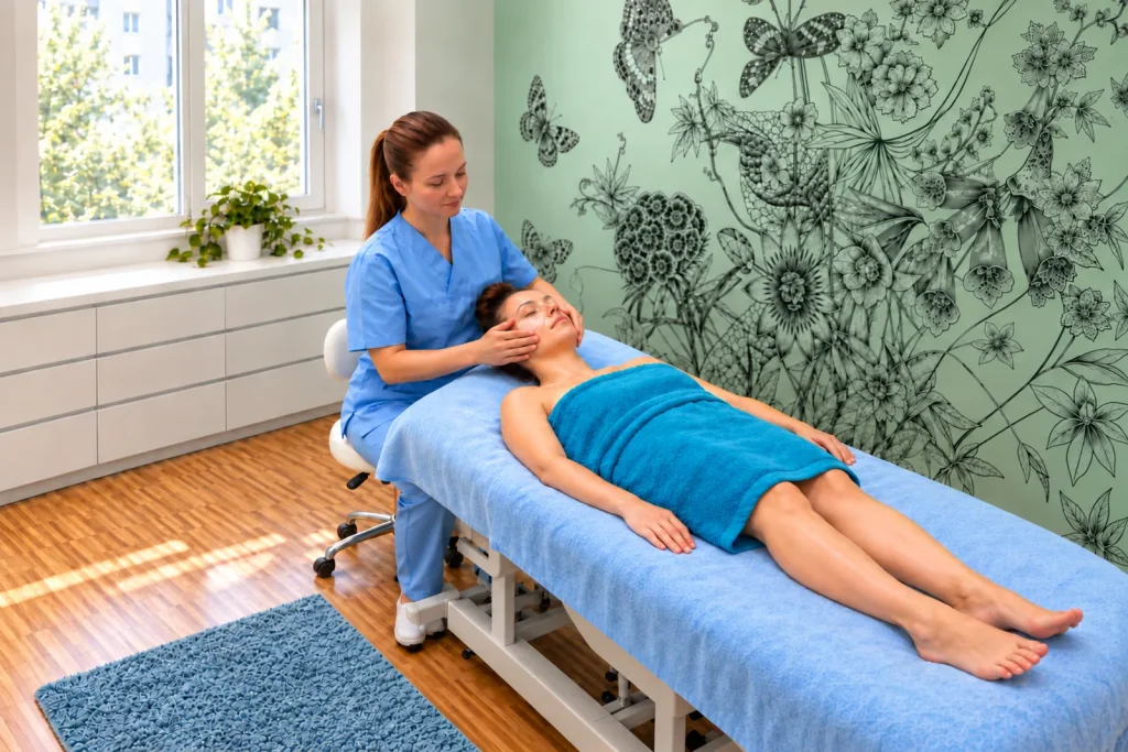A client with eye pads relaxes on the treatment bed while Inna gently holds her face.