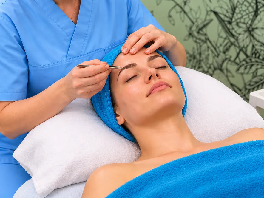 A beautician's hands shape the eyebrow of a client in a turquoise headband with tweezers.