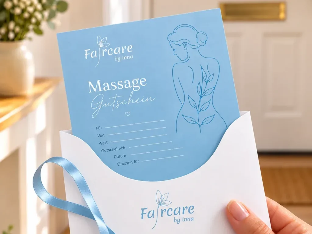 A hand holds the light blue Faircare massage voucher in a white envelope with a satin ribbon at the front door.