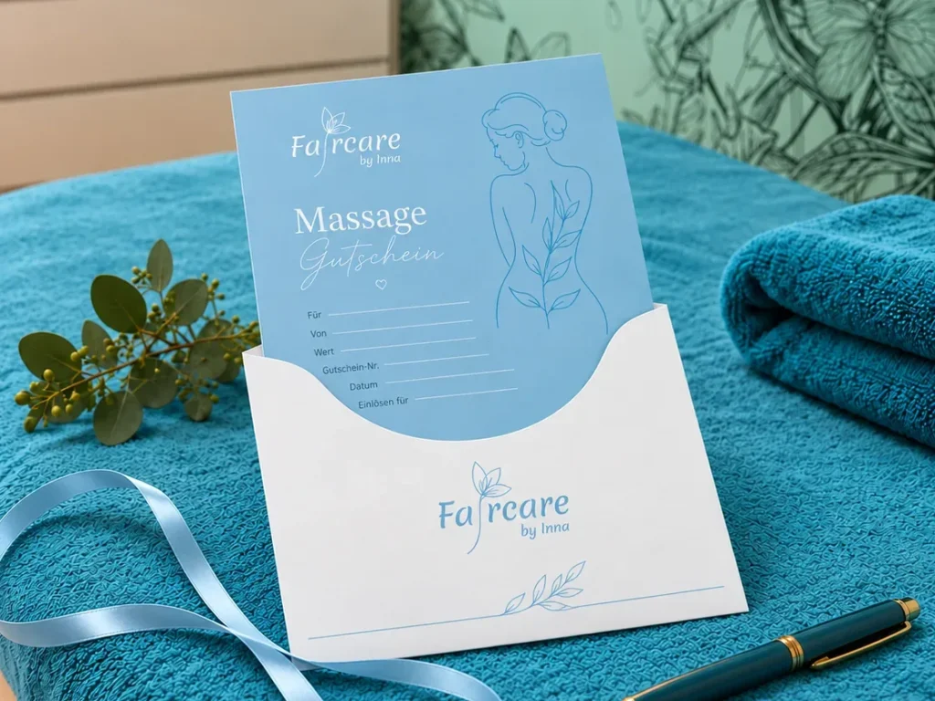 Light blue Faircare massage voucher in a white envelope with a pen and satin ribbon on a turquoise treatment bed.