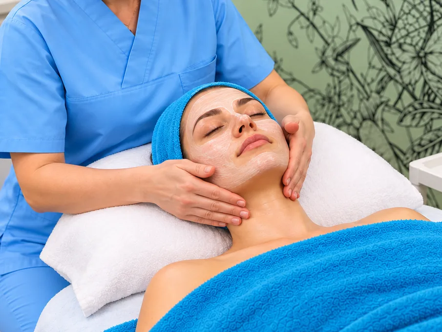 A beautician's hands gently stroke the jaw and neck of a client wearing a light face mask.
