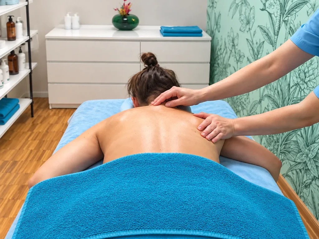 Hands loosen the neck and shoulder of a client lying face down on the treatment bed.