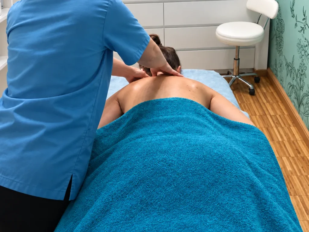 Hands work on the shoulder blades of a client covered with a turquoise towel.